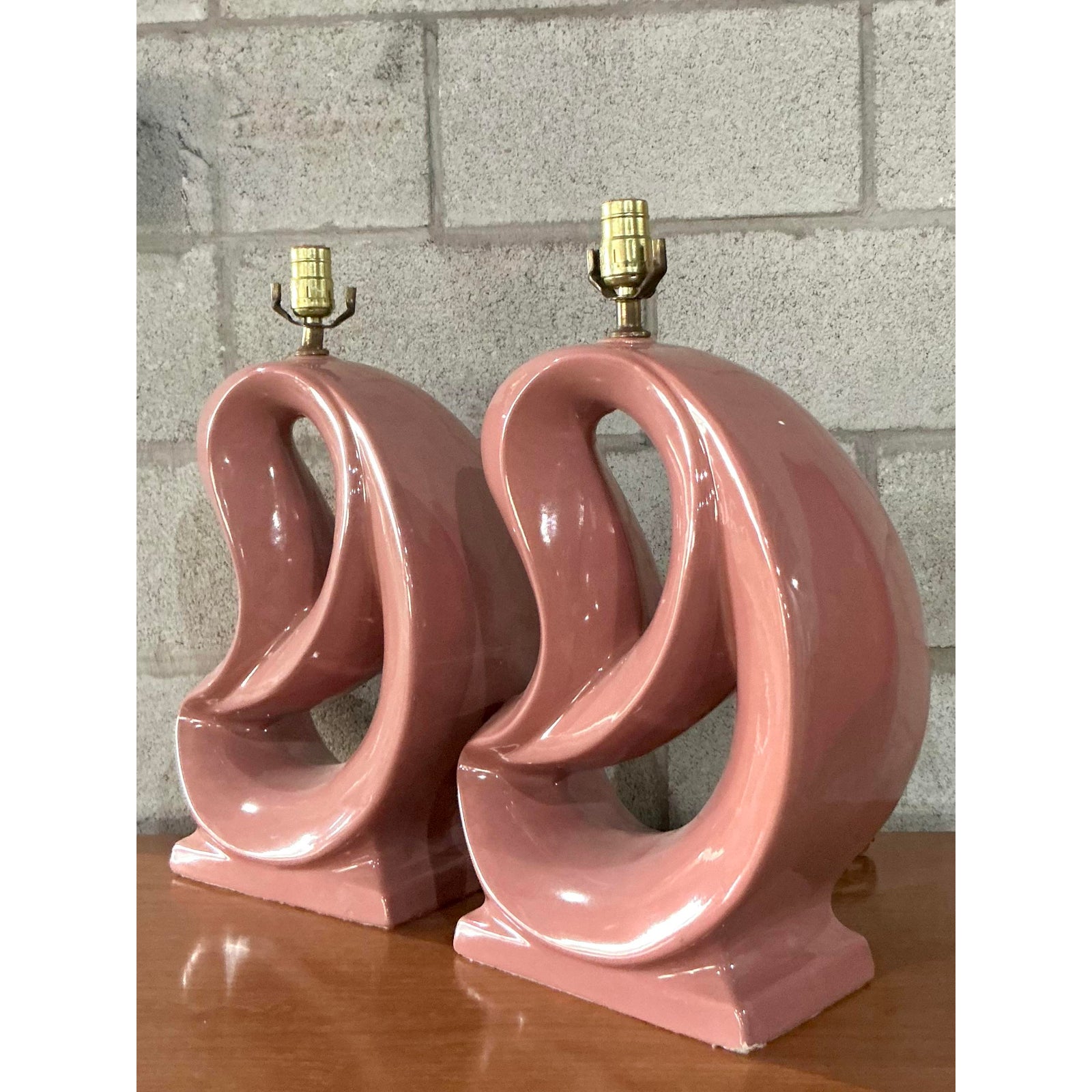 Vintage MCM Abstract Glazed Ceramic Lamps - A Pair - Side view