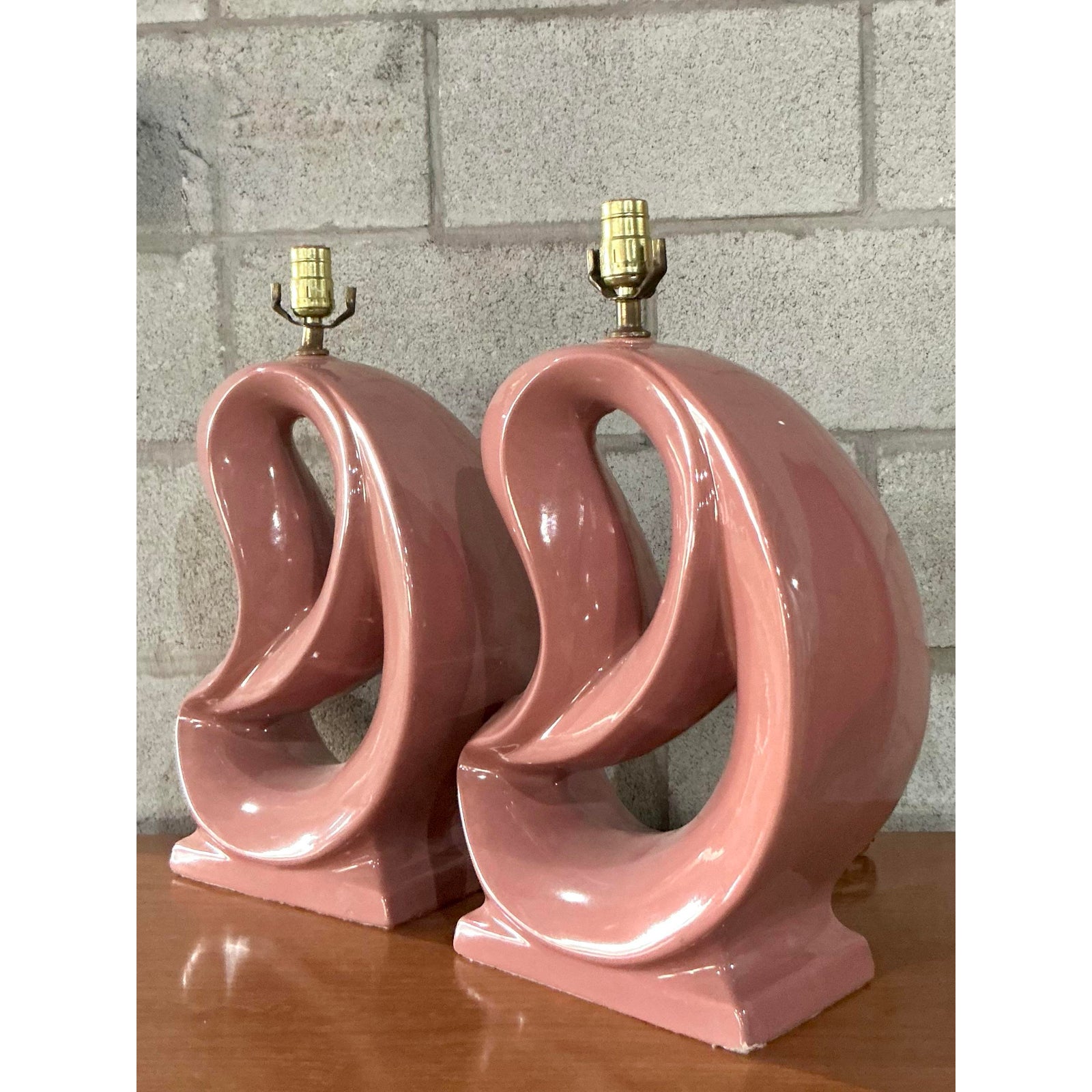 Vintage MCM Abstract Glazed Ceramic Lamps - A Pair - Back view