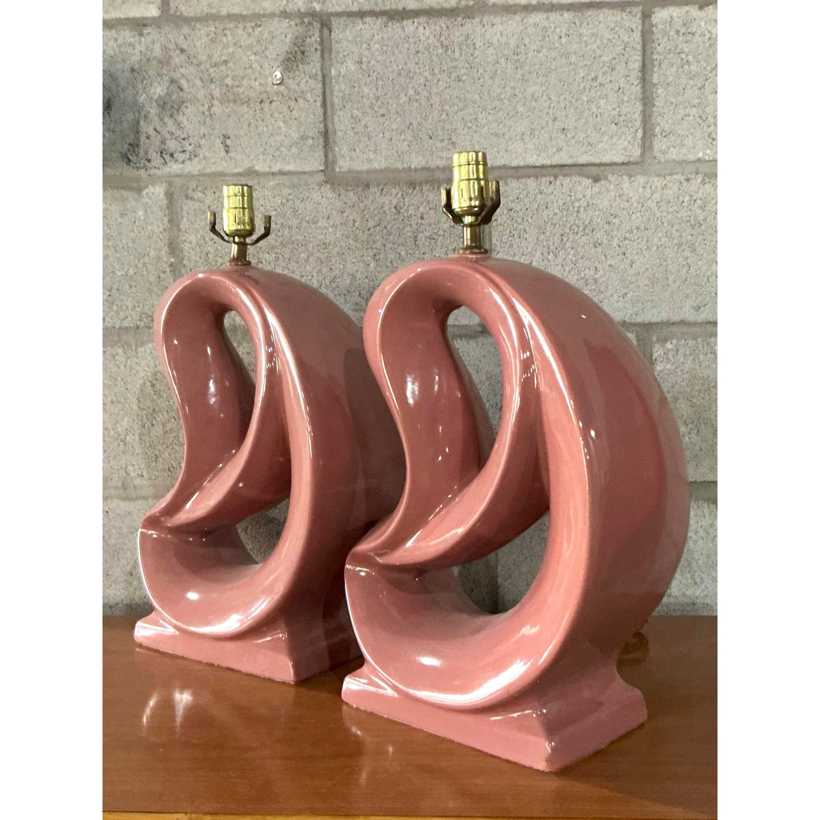 Vintage MCM Abstract Glazed Ceramic Lamps - A Pair - Top view