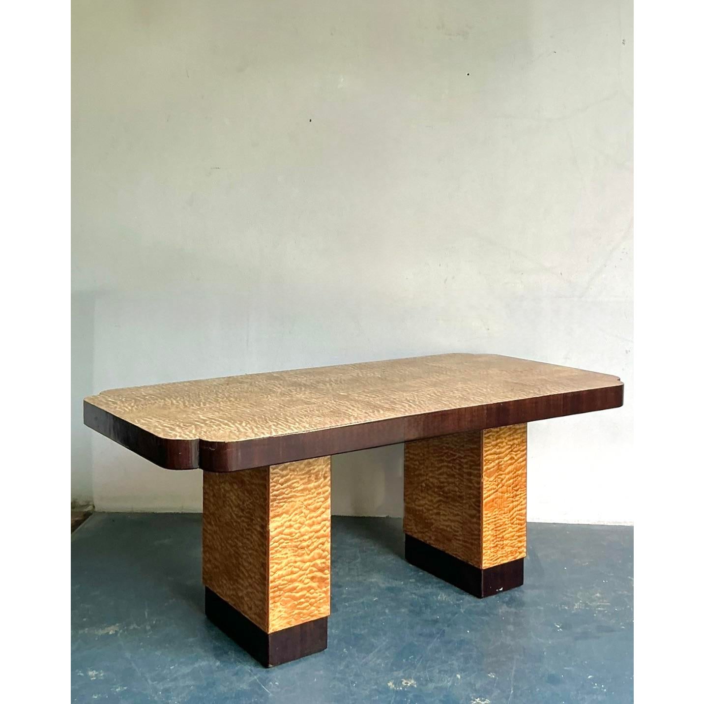 Vintage Boho Notched Burl Wood Dining Table - Side view