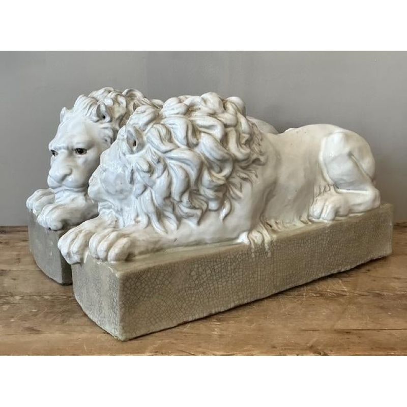 Vintage Italian Glazed Ceramic Lions - A Pair - Side view