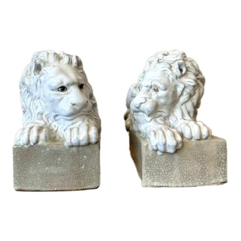 Vintage Italian Glazed Ceramic Lions - A Pair