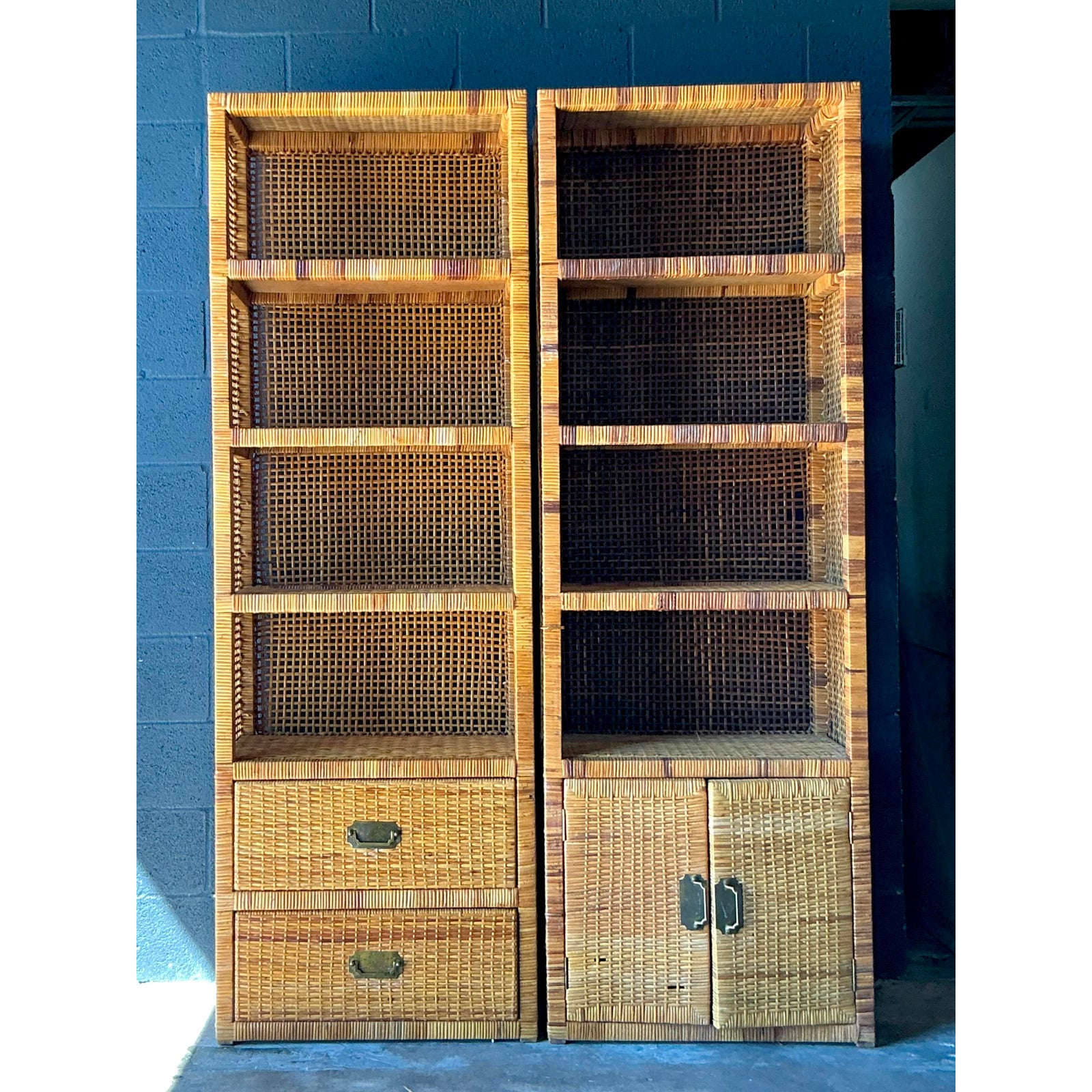 Vintage Boho Woven Rattan Campaign Etagere - A Pair - Detail view