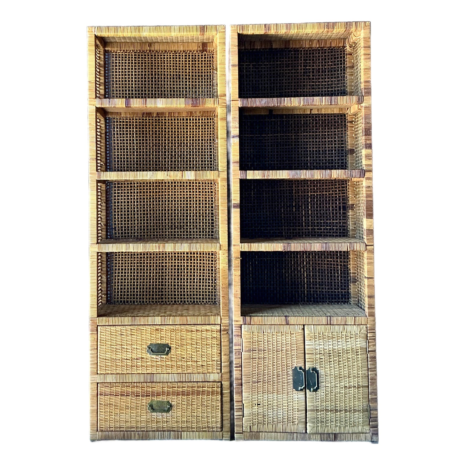 Vintage Boho Woven Rattan Campaign Etagere - A Pair