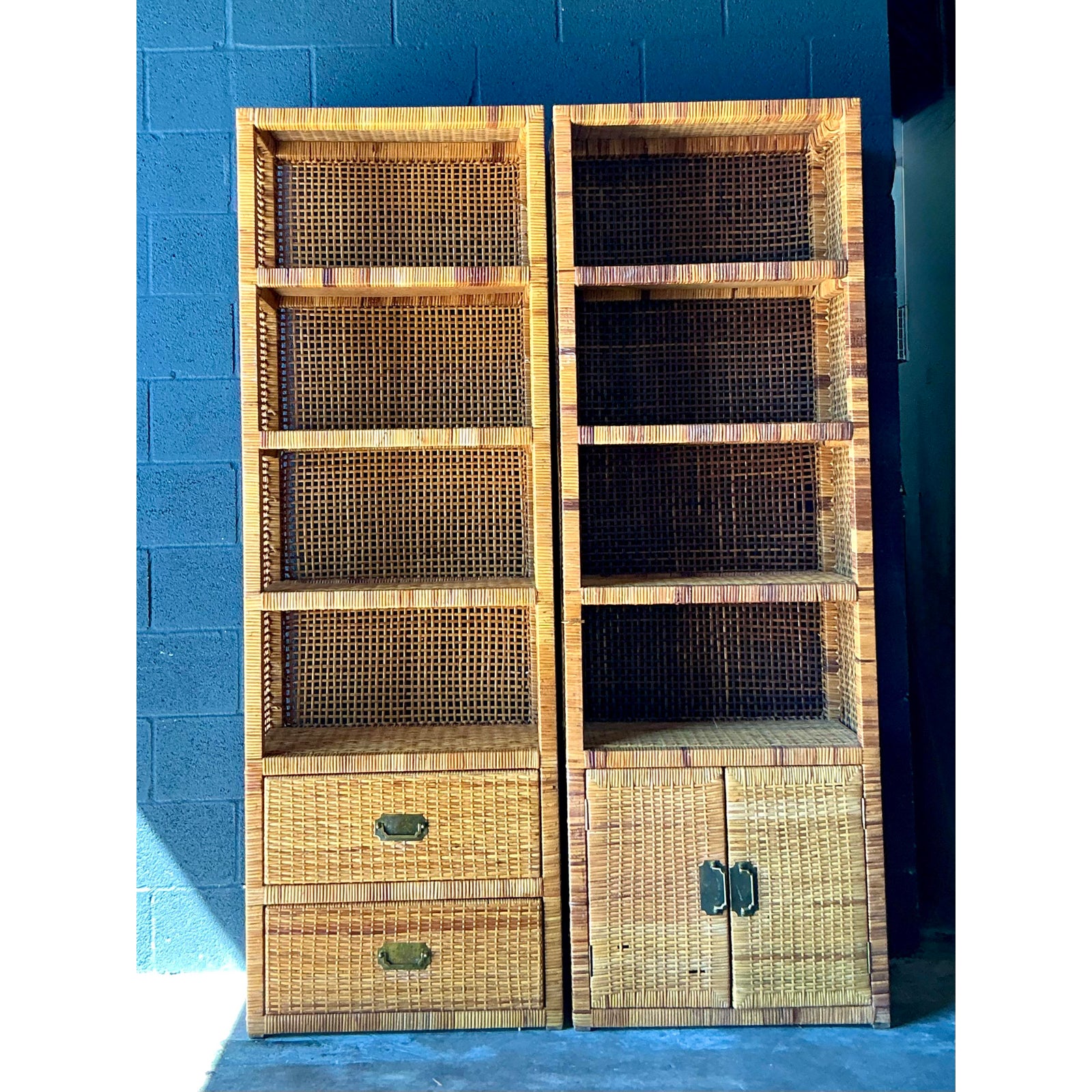 Vintage Boho Woven Rattan Campaign Etagere - A Pair - Side view