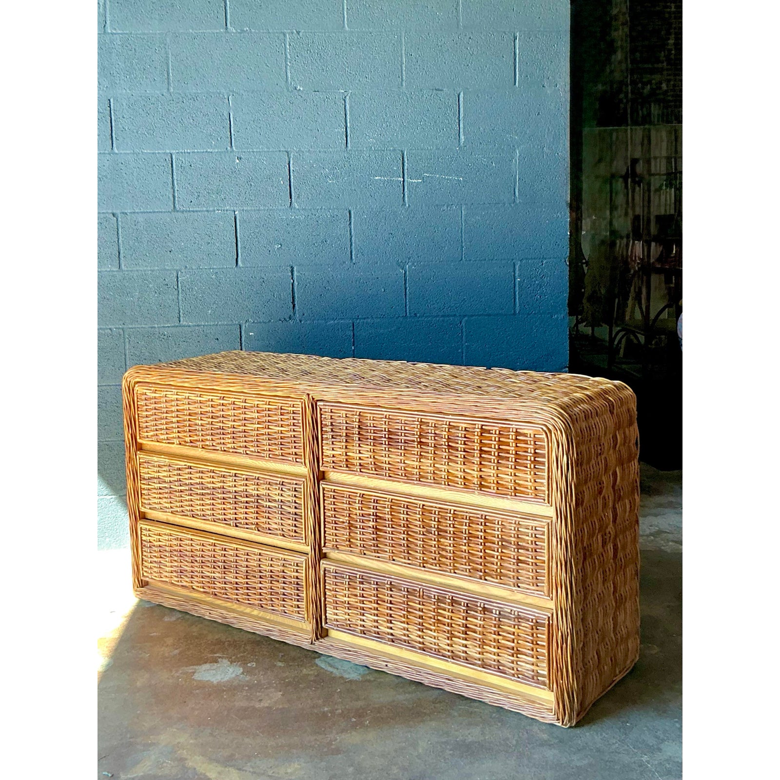 Vintage Boho Woven Rattan Dresser - Side view