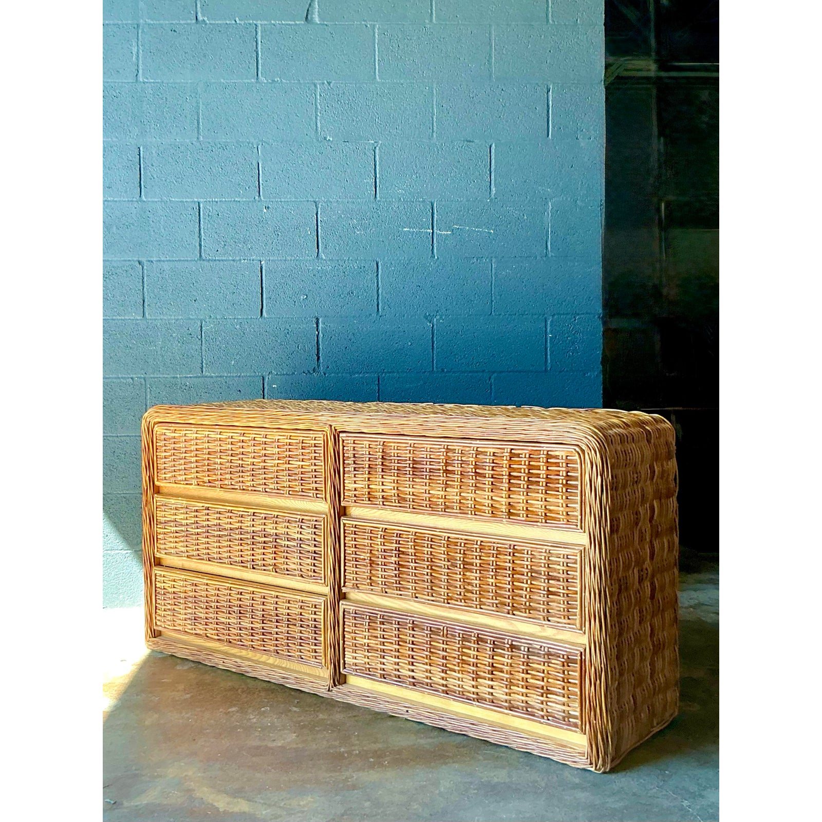 Vintage Boho Woven Rattan Dresser - Back view