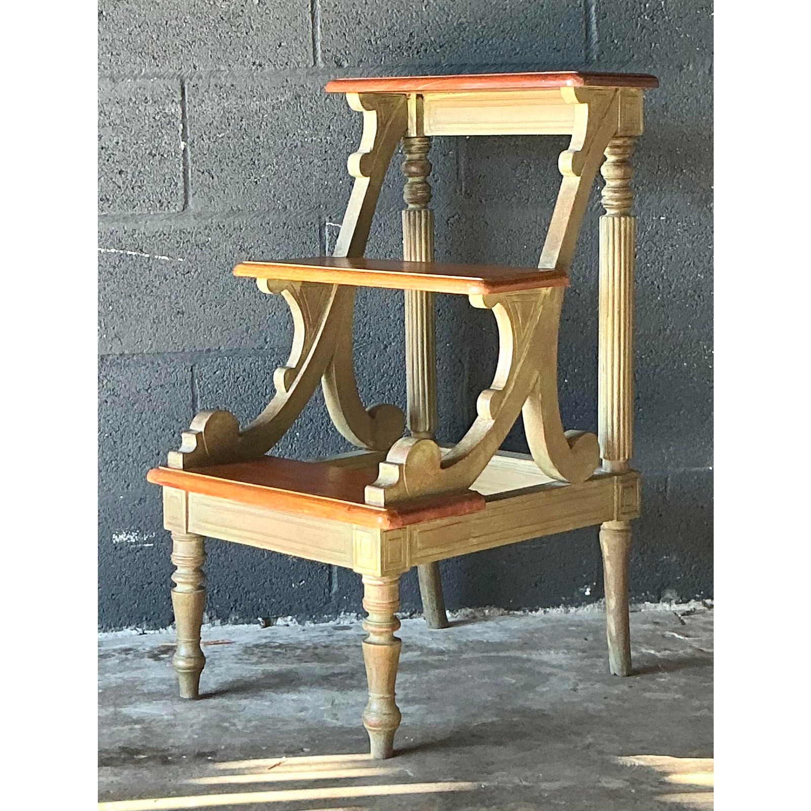Vintage Regency Washed Wood Library Steps - Side view