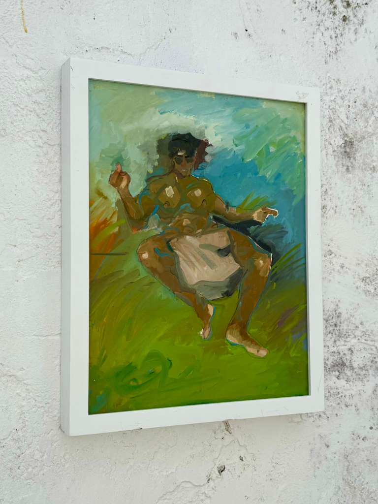 Vintage Boho Original Oil Figurative On Board - Side view