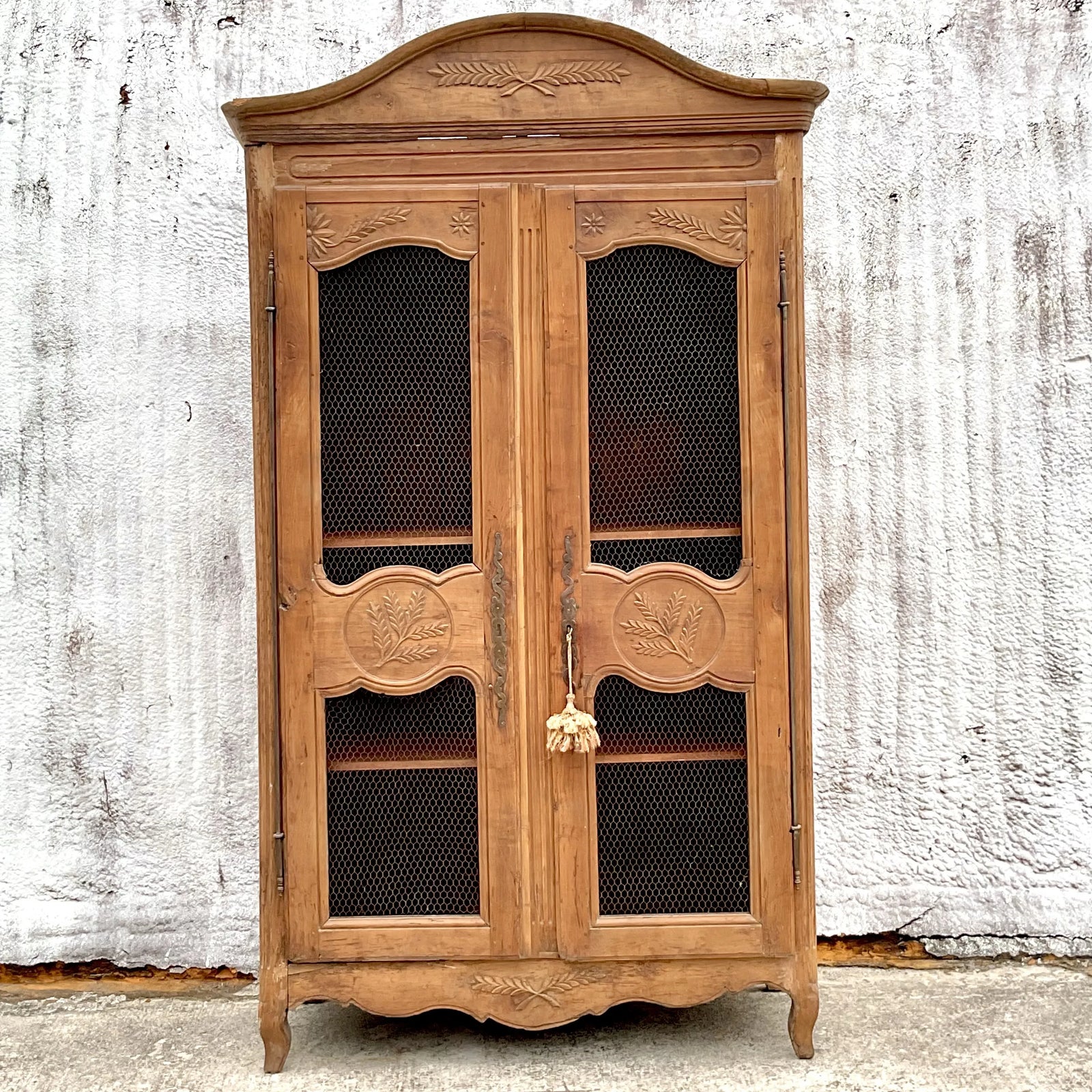 Vintage Boho Gusto Carved Wood Distressed Armoire - Detail view