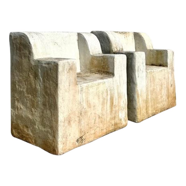Vintage Boho Monumental Cast Concrete Over Fiberglass Chairs - Set of 2
