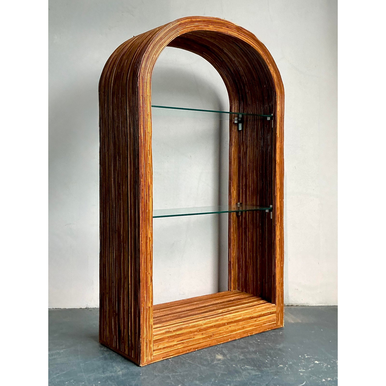Vintage a Boho Arched Pencil Rattan Etagere - Side view