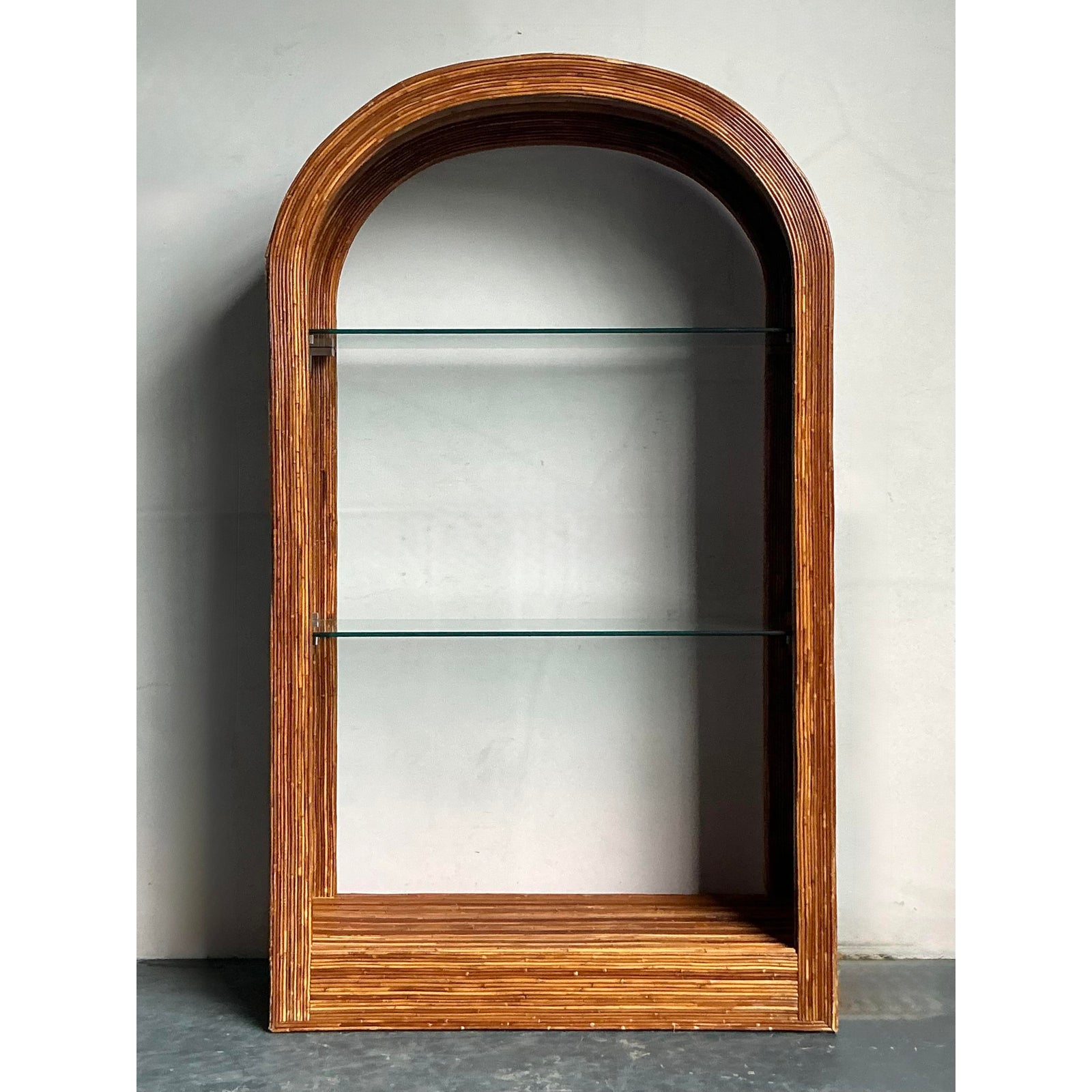 Vintage a Boho Arched Pencil Rattan Etagere - Back view