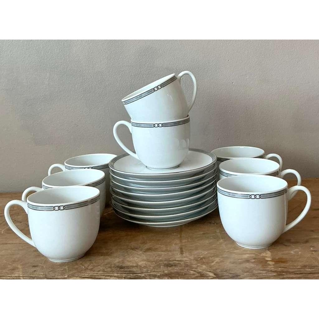 Vintage Boho Christofle "Alliance Grey" Tea Cups With Saucers - Set of 8 - Detail view