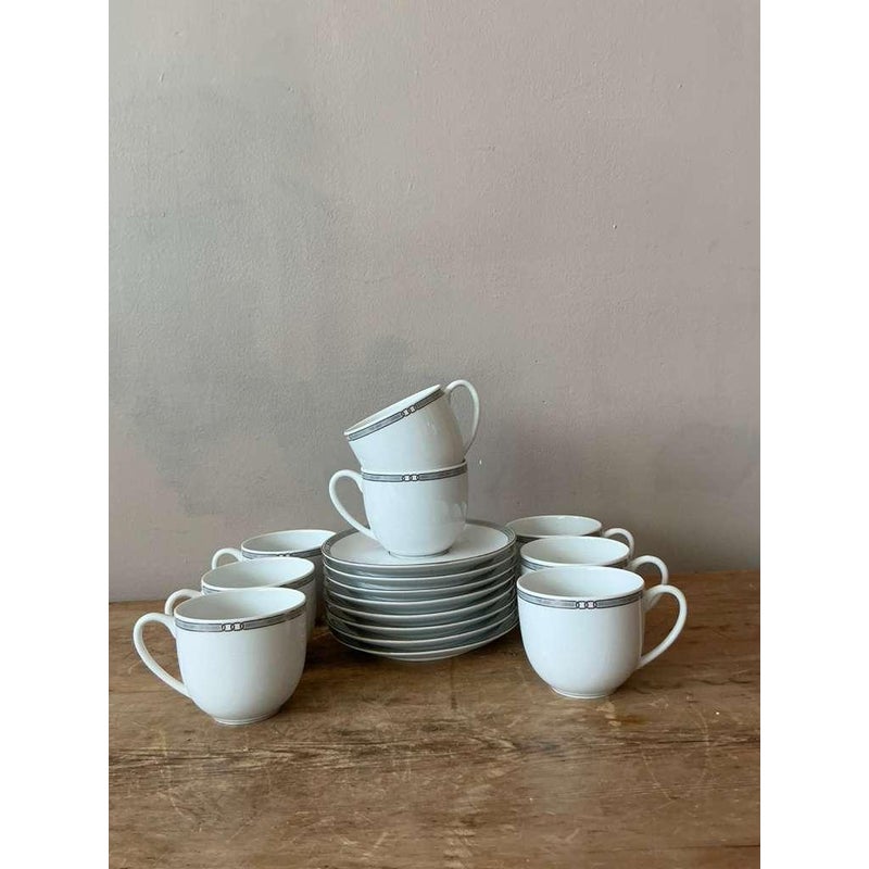 Vintage Boho Christofle "Alliance Grey" Tea Cups With Saucers - Set of 8 - Top view