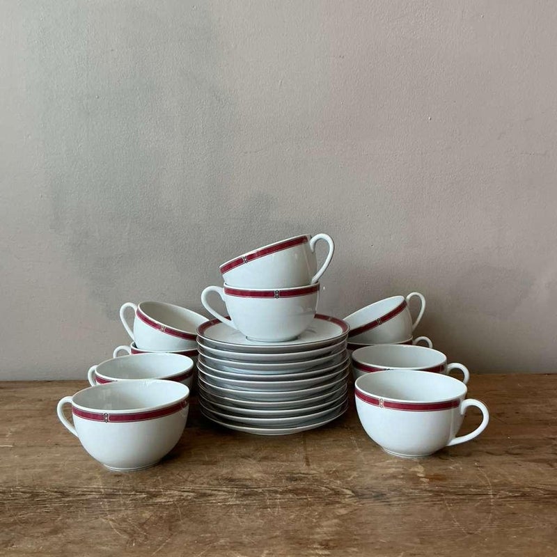 Vintage Boho Christofle "Oceana Red" Tea Cups With Saucers - Set of 11 - Detail view
