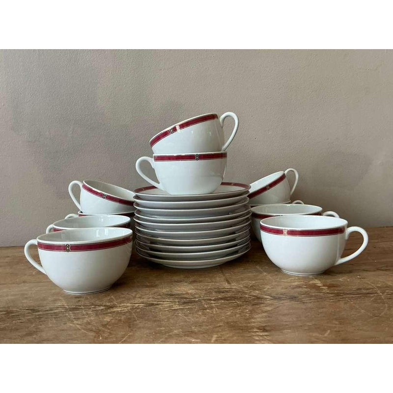 Vintage Boho Christofle "Oceana Red" Tea Cups With Saucers - Set of 11 - Top view