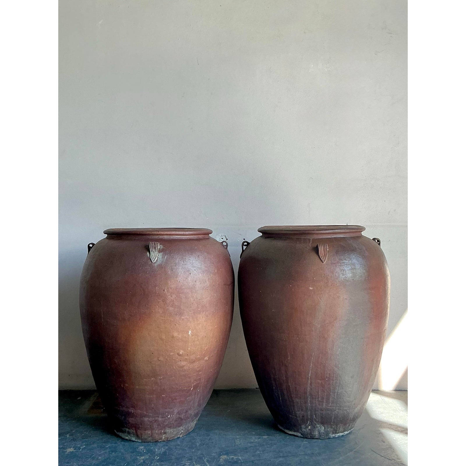 Vintage Boho Matte Glaze Ceramic Urns - A Pair - Back view