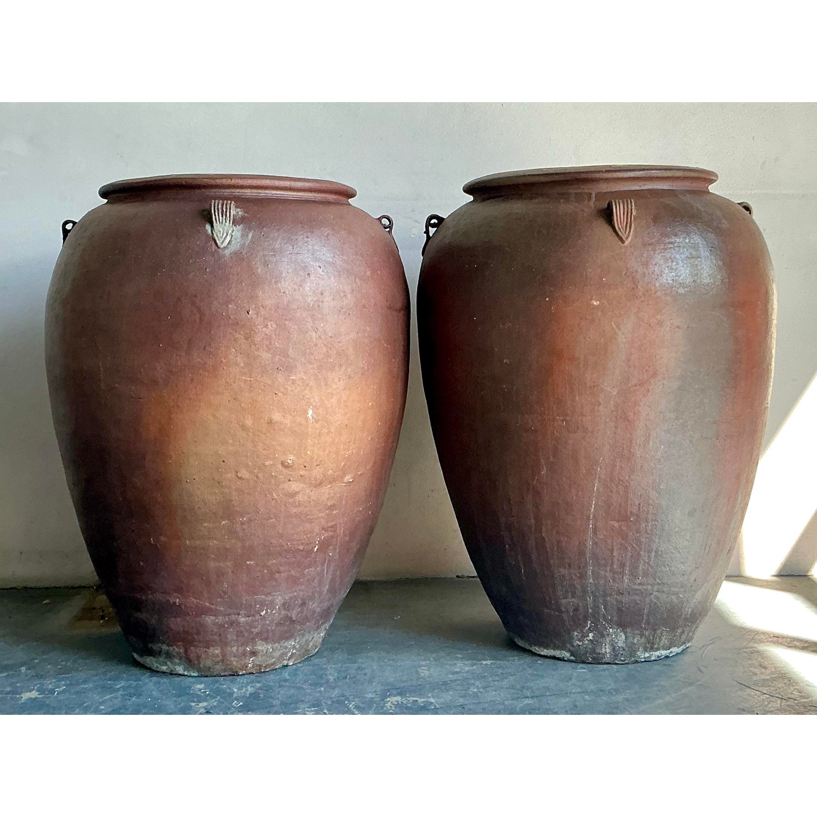 Vintage Boho Matte Glaze Ceramic Urns - A Pair - Detail view