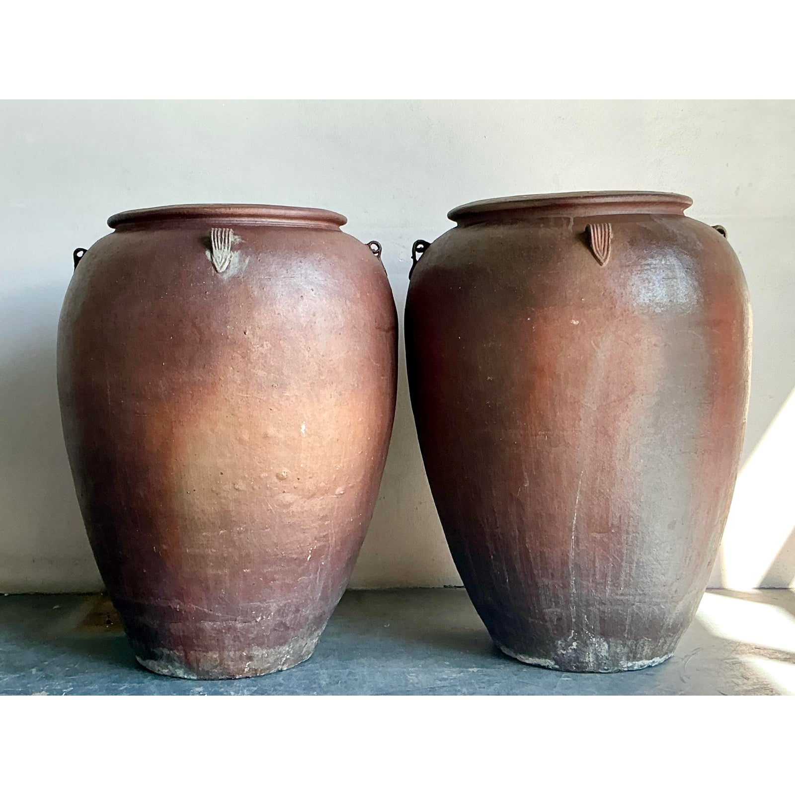 Vintage Boho Matte Glaze Ceramic Urns - A Pair - Side view