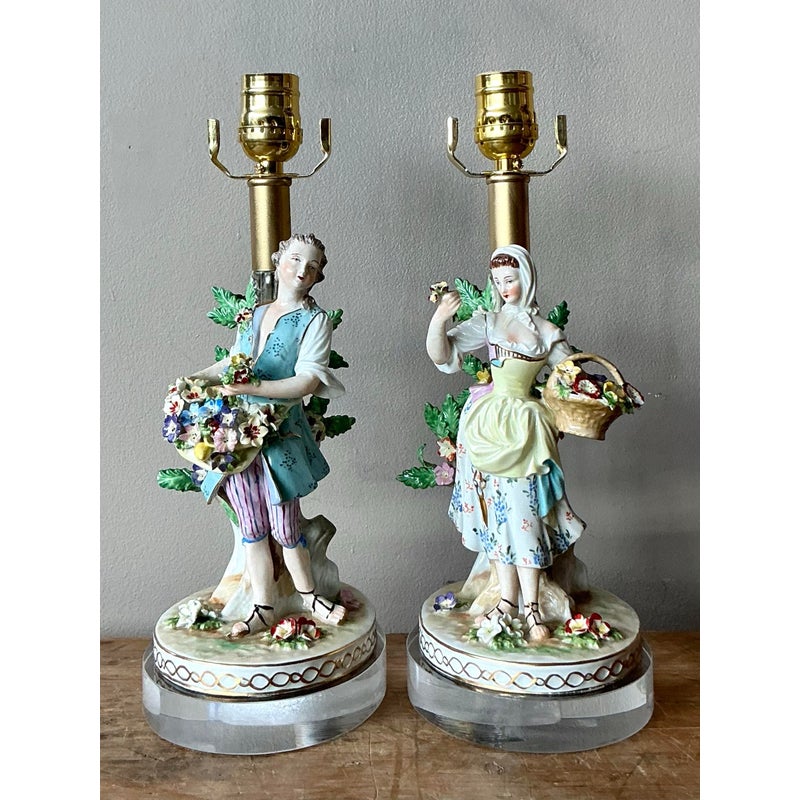 Vintage Regency German Dresden Porcelain Figure Lamps - A Pair - Side view