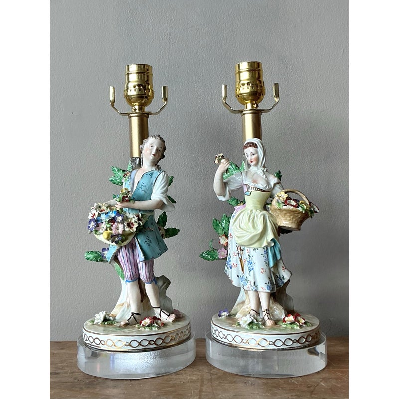Vintage Regency German Dresden Porcelain Figure Lamps - A Pair - Top view