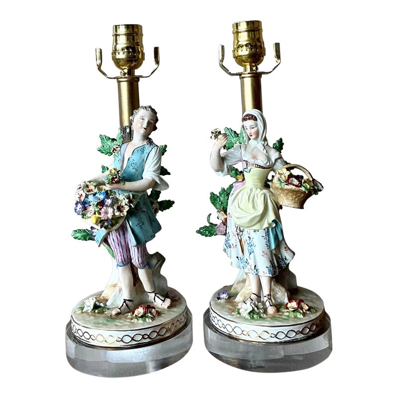 Vintage Regency German Dresden Porcelain Figure Lamps - A Pair