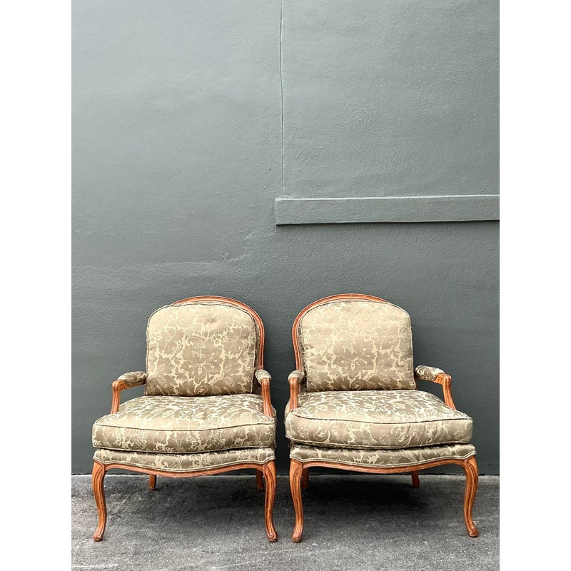Vintage Regency Jacquard Fauteuil Chairs - A Pair - Top view