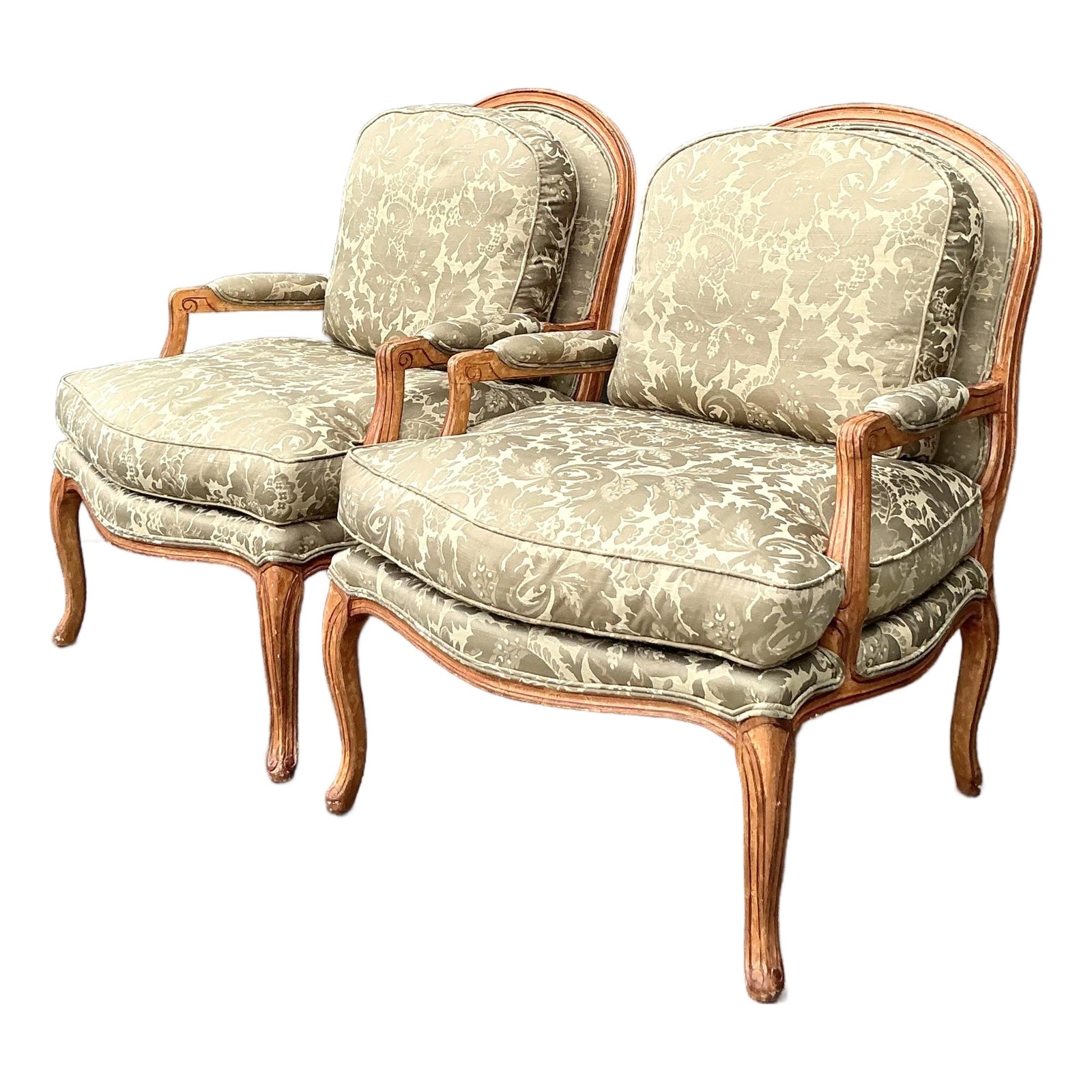 Vintage Regency Jacquard Fauteuil Chairs - A Pair