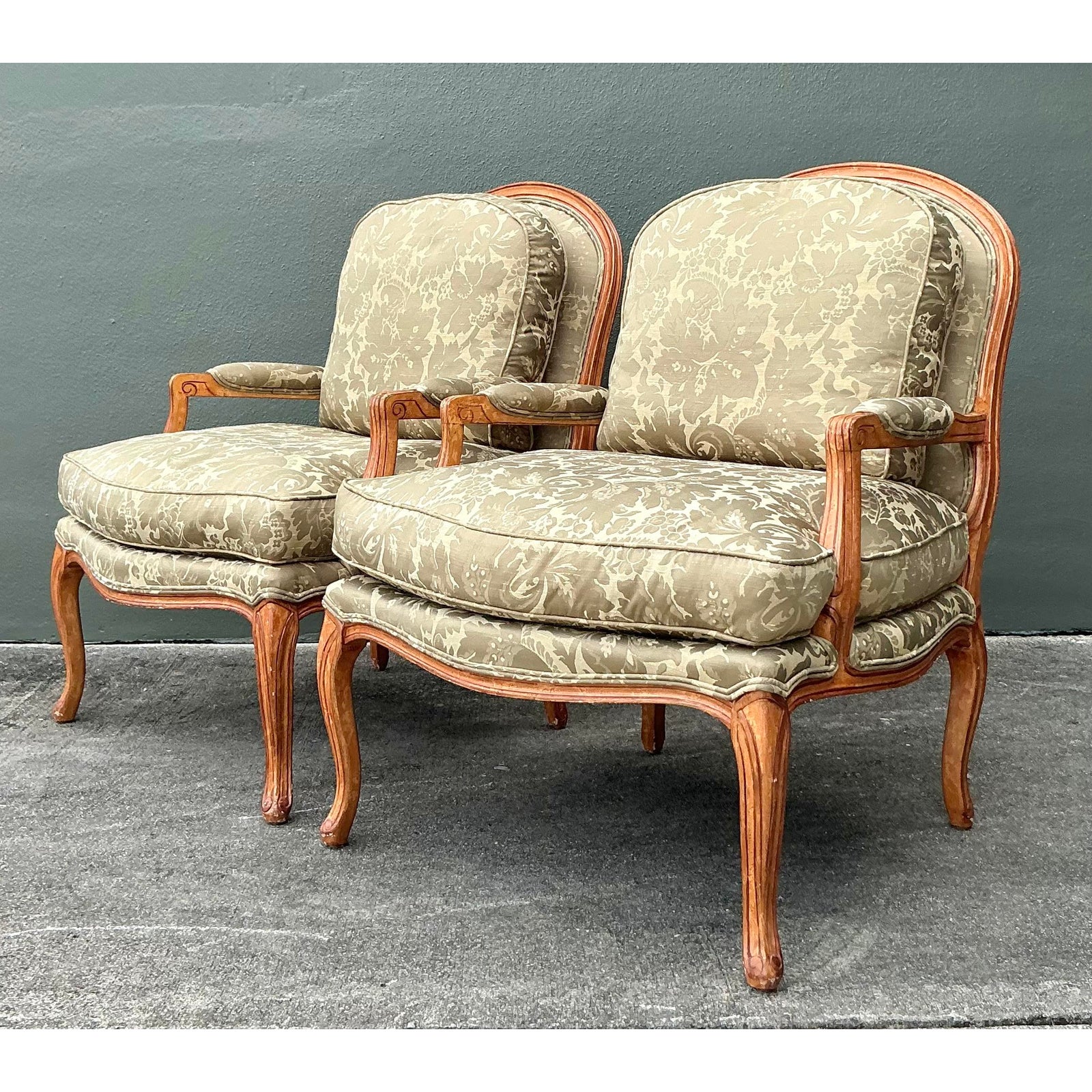 Vintage Regency Jacquard Fauteuil Chairs - A Pair - Side view