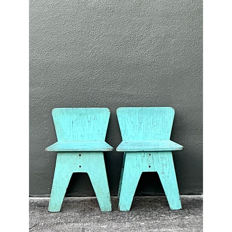 Vintage Boho Primitive Low Chairs - A Pair - Back view