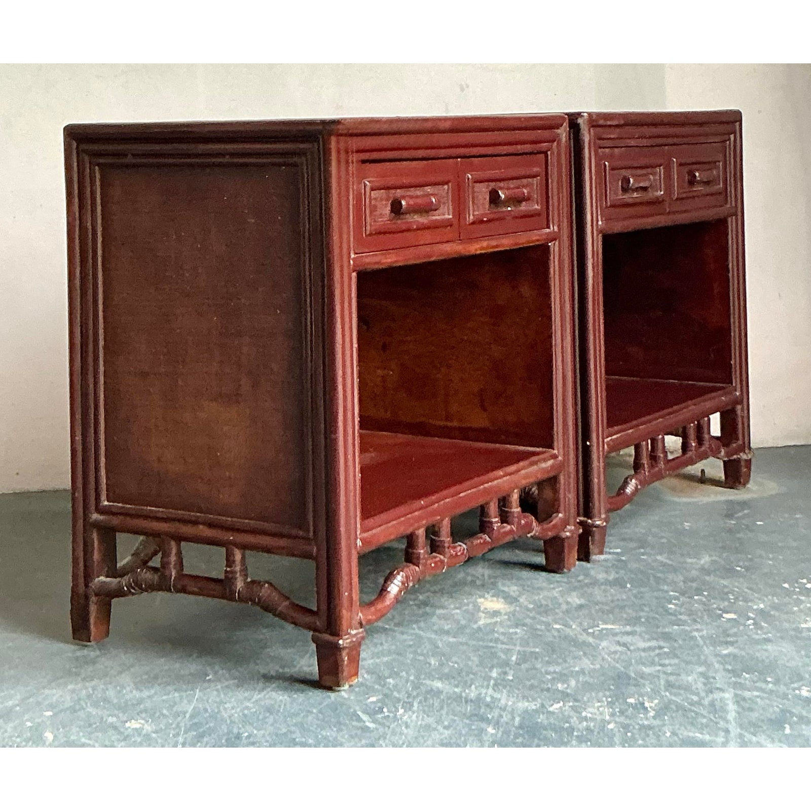Vintage Regency Fretwork Bamboo Nightstands - A Pair - Back view