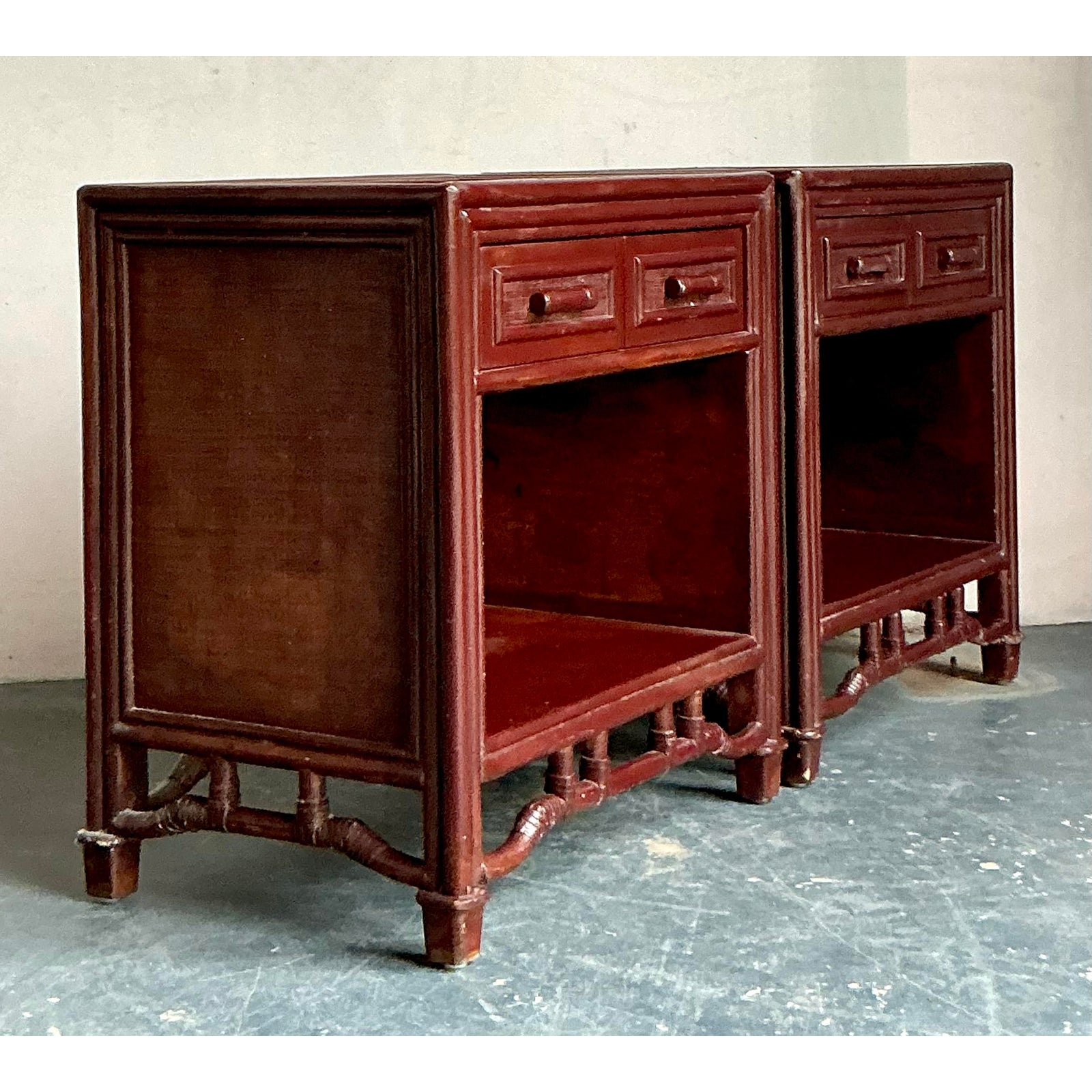 Vintage Regency Fretwork Bamboo Nightstands - A Pair - Side view