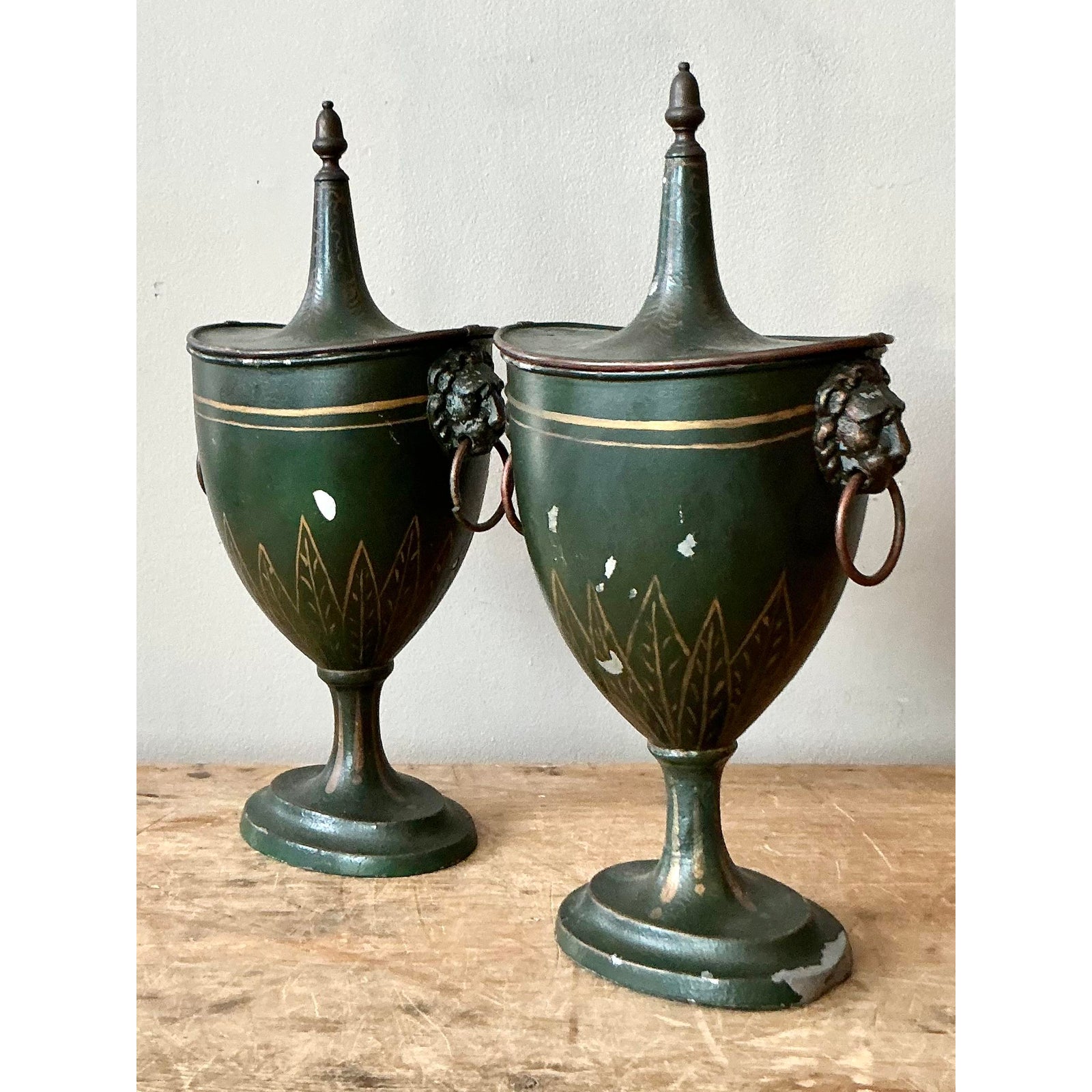Vintage Boho Patinated French Tole Urns - A Pair - Back view
