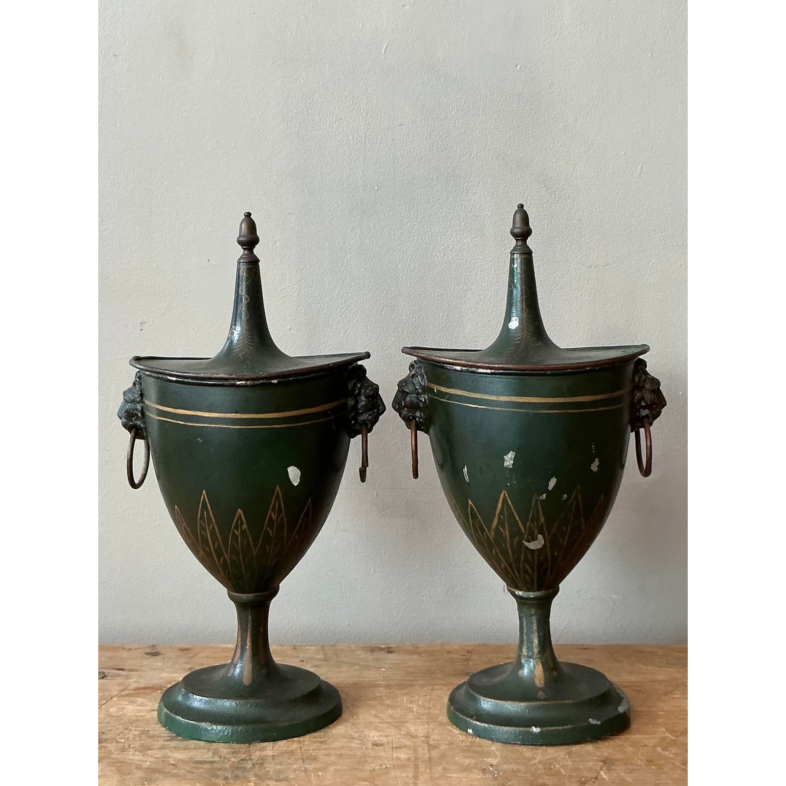 Vintage Boho Patinated French Tole Urns - A Pair - Top view