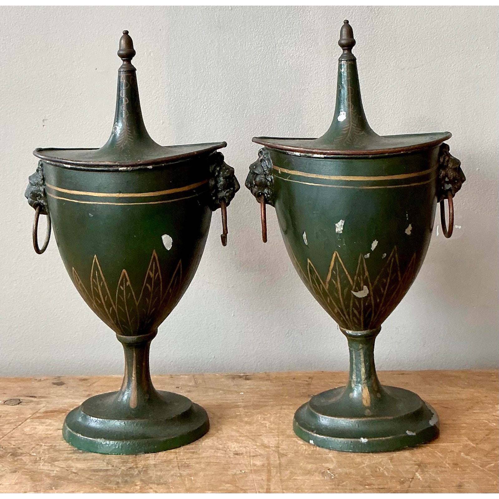 Vintage Boho Patinated French Tole Urns - A Pair - Detail view