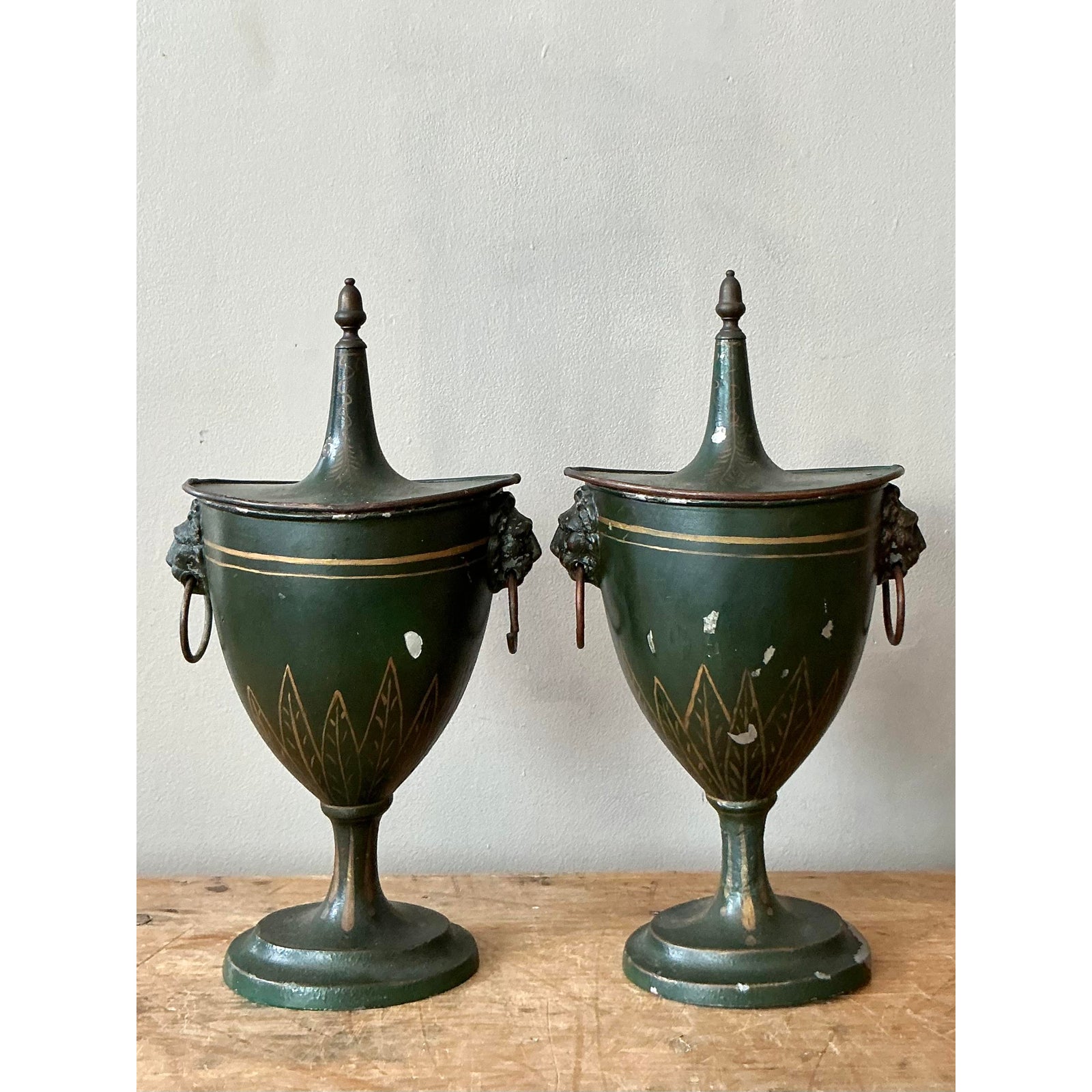 Vintage Boho Patinated French Tole Urns - A Pair - Side view