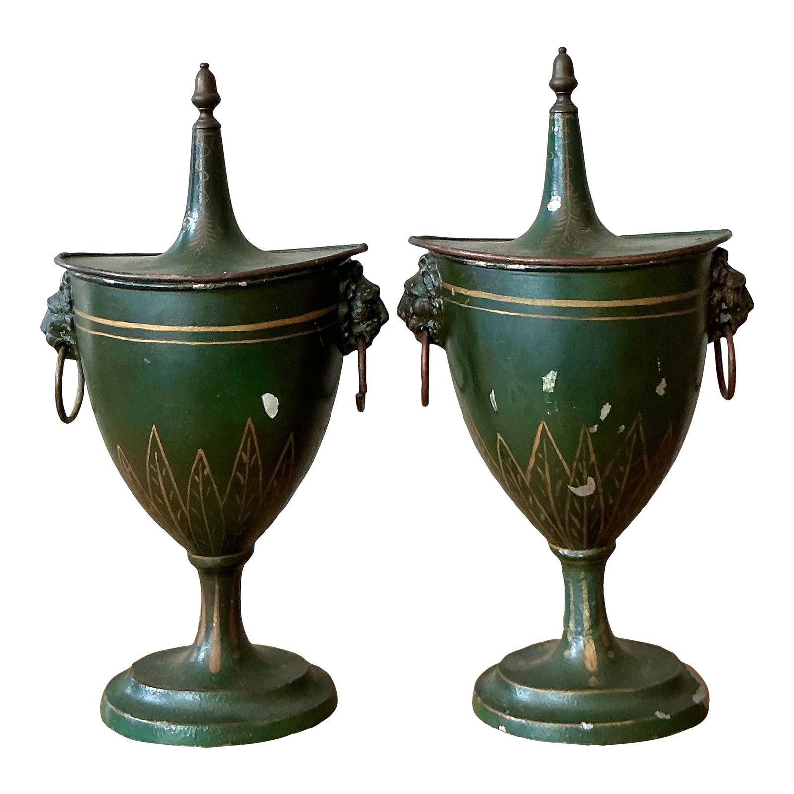 Vintage Boho Patinated French Tole Urns - A Pair
