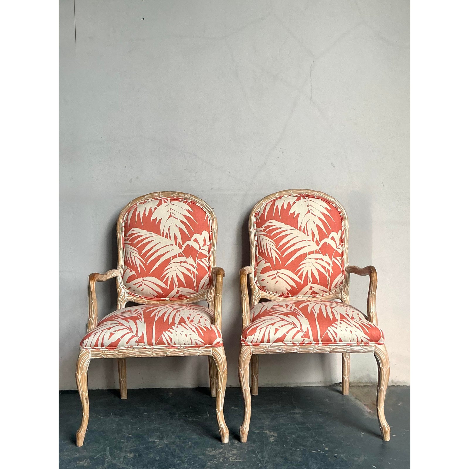 Vintage Regency Faux Bois Fauteuils in Quadrille “Martinique Reverse” - A Pair - Side view