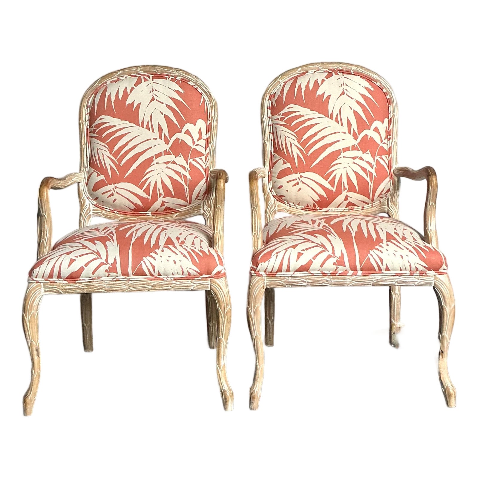 Vintage Regency Faux Bois Fauteuils in Quadrille “Martinique Reverse” - A Pair