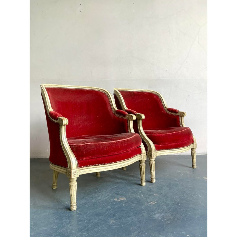 Vintage Regency Distressed Velvet Bergere Chairs - A Pair - Back view