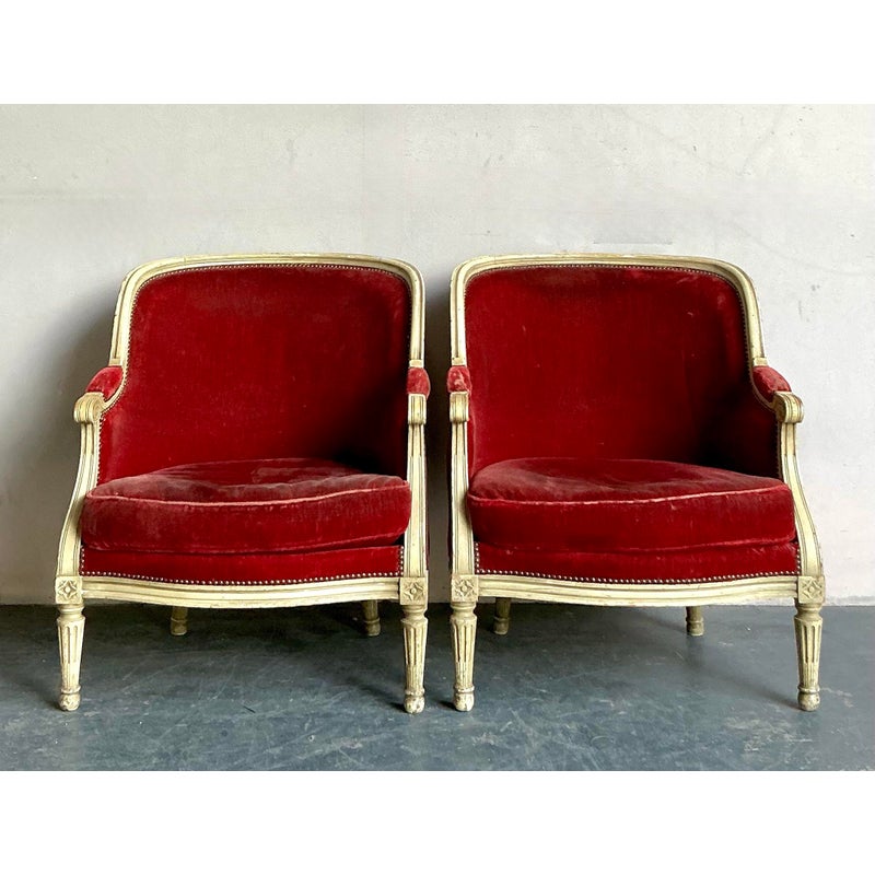 Vintage Regency Distressed Velvet Bergere Chairs - A Pair - Detail view