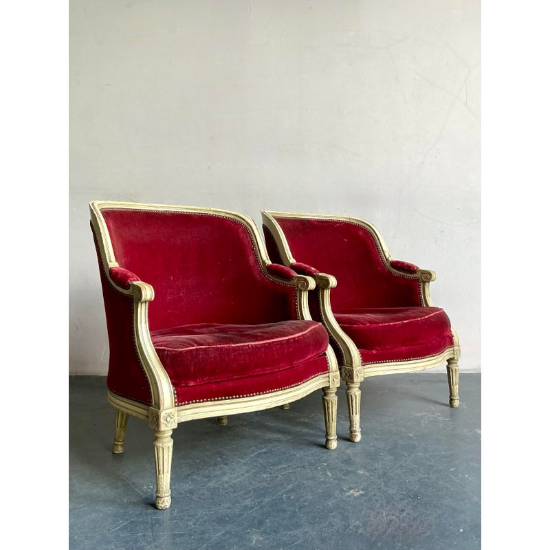 Vintage Regency Distressed Velvet Bergere Chairs - A Pair - Top view