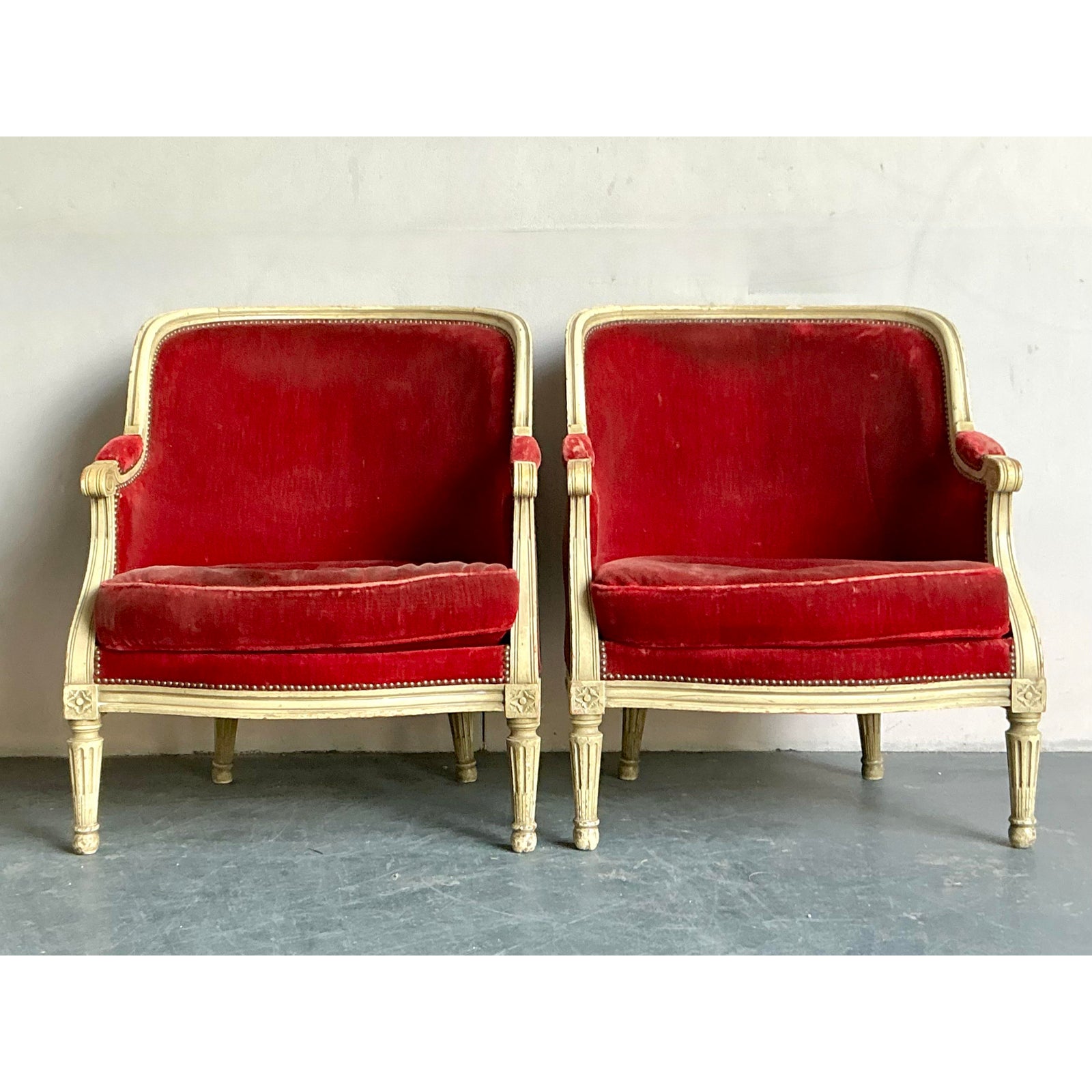 Vintage Regency Distressed Velvet Bergere Chairs - A Pair - Side view