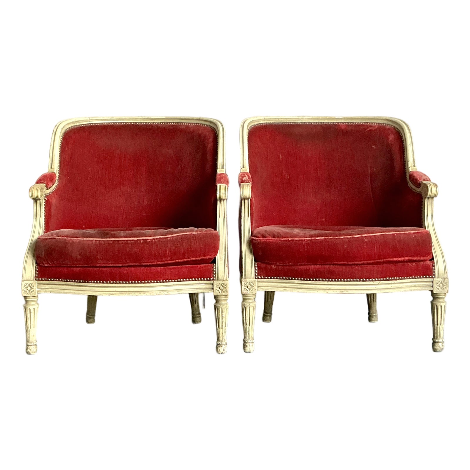 Vintage Regency Distressed Velvet Bergere Chairs - A Pair