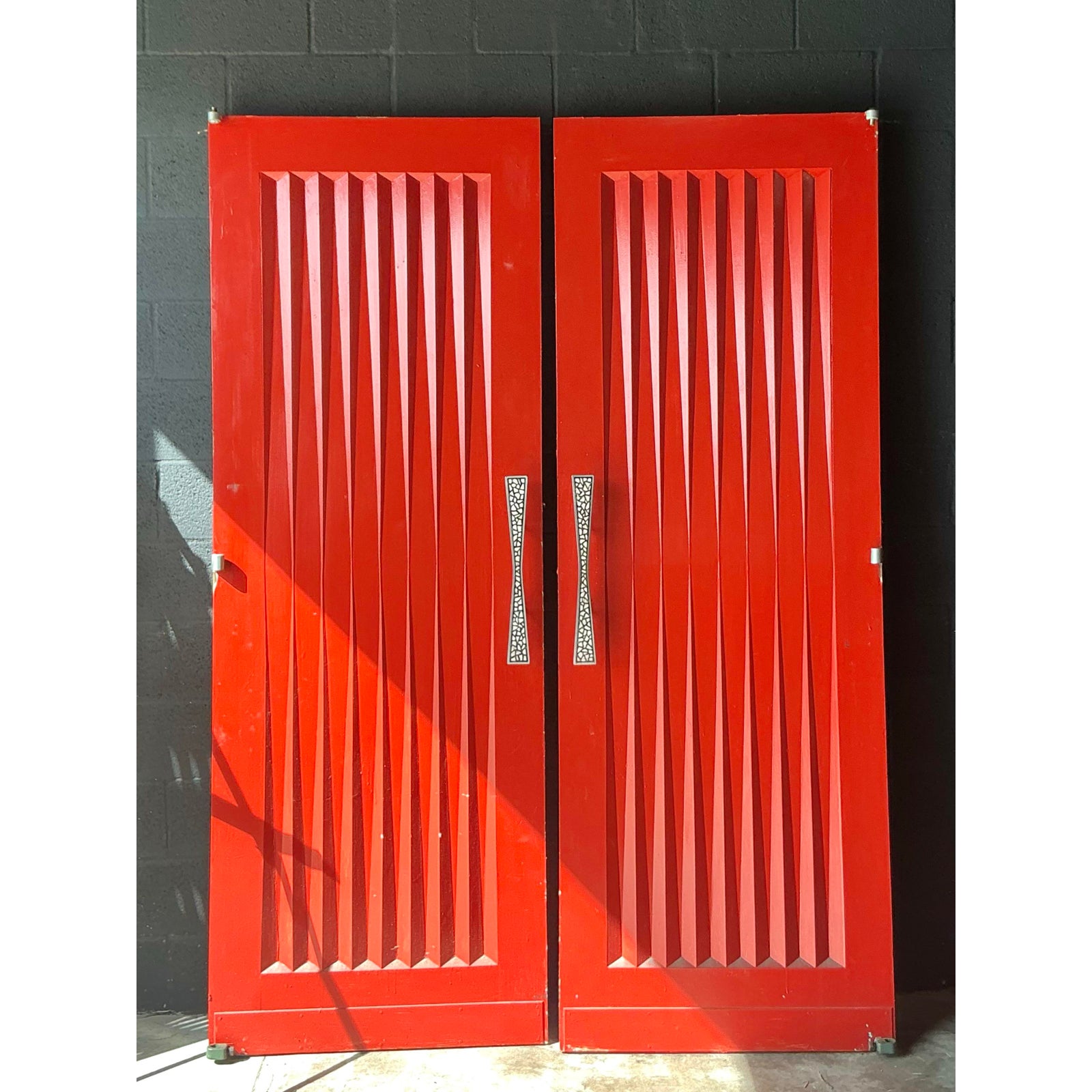 Vintage MCM Pleated Doors With Inlay Handles -Set of 2 - Back view