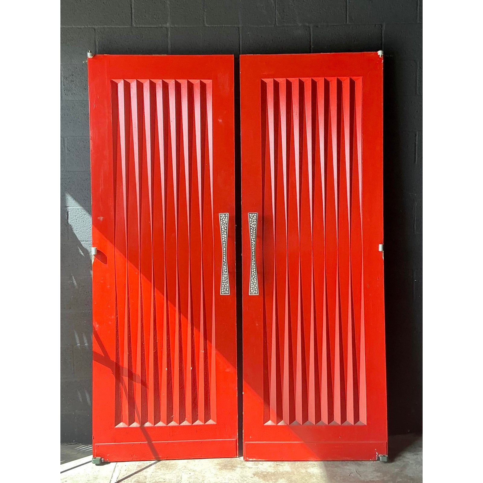 Vintage MCM Pleated Doors With Inlay Handles -Set of 2 - Top view