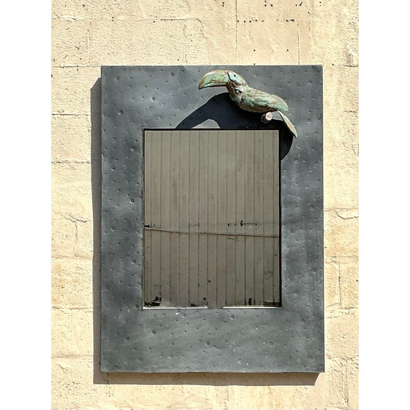 Vintage Coastal Hammered Metal Toucan Mirror - Detail view