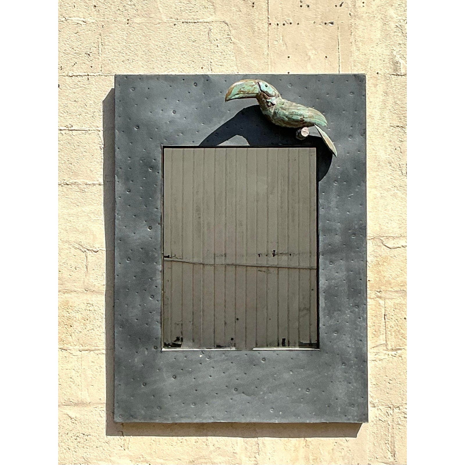 Vintage Coastal Hammered Metal Toucan Mirror - Back view
