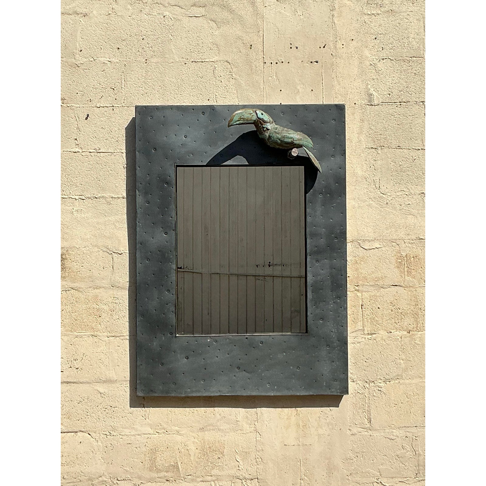 Vintage Coastal Hammered Metal Toucan Mirror - Side view